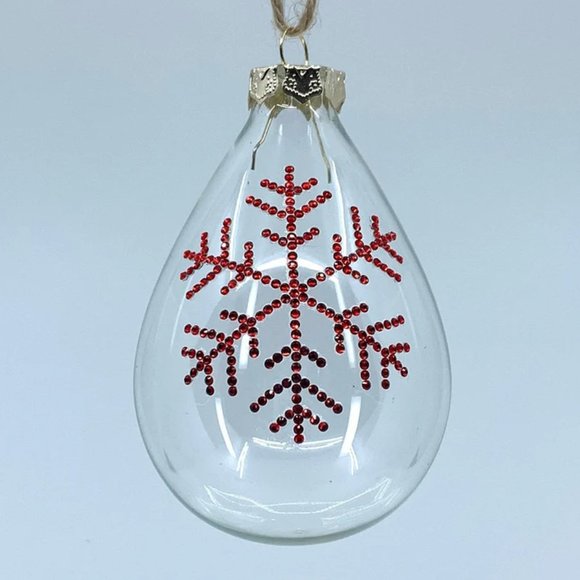 Teardrop glass Christmas ornament. Handmade red rhinestone snowflake design. - Picture 1 of 1